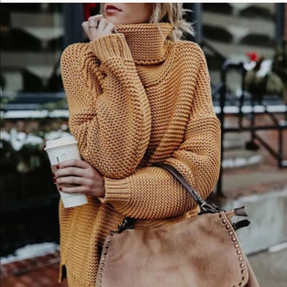 Sweaters - Bohemian Mustard Tan Knit Turtleneck Cozy Pullover Rib Winter Trendy Sweater